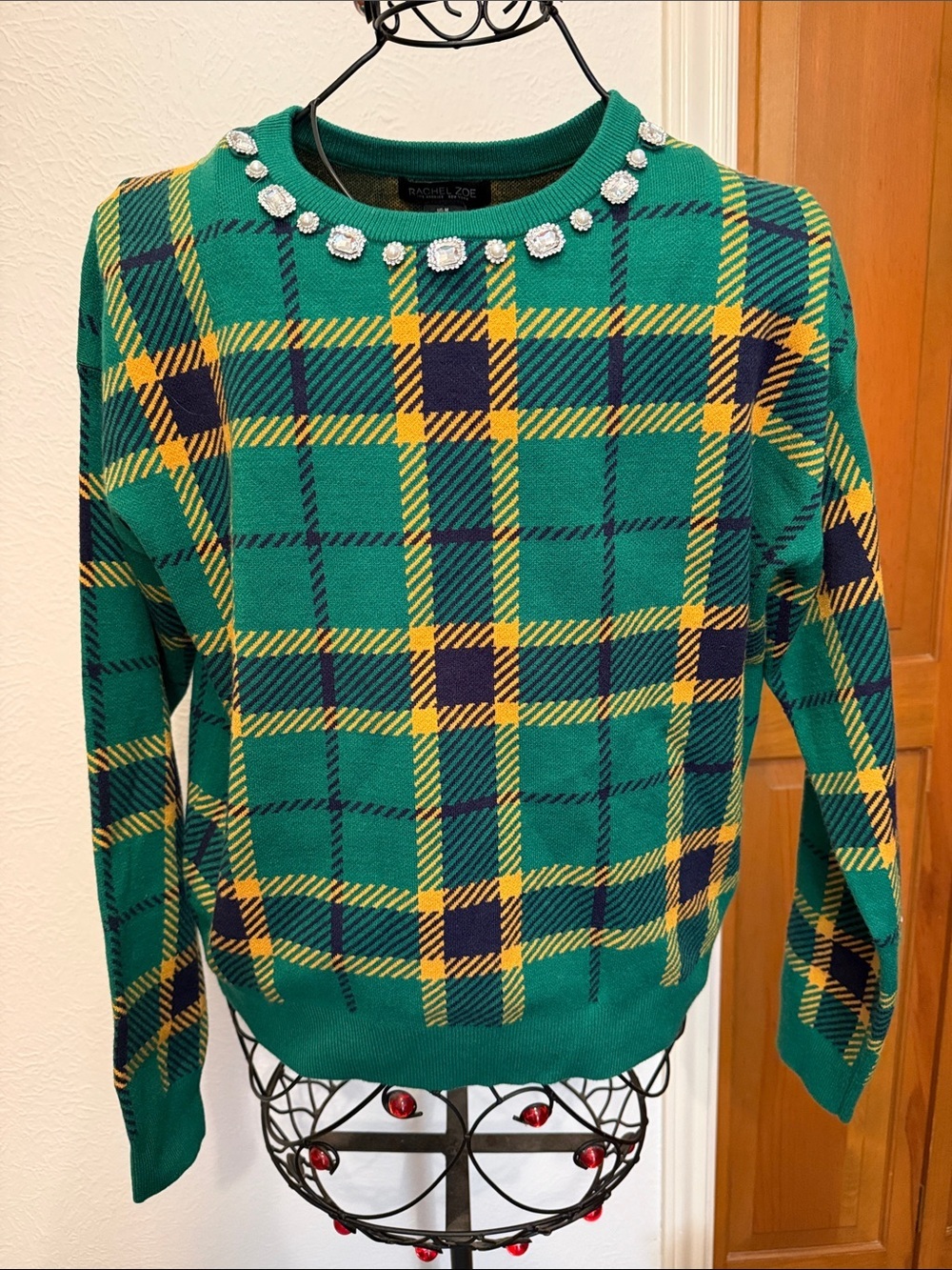✅✅✅BOGOHO✅✅✅Rachel Zoe Emerald Green Plaid Crewneck Sweater with Jewel Trim-Med